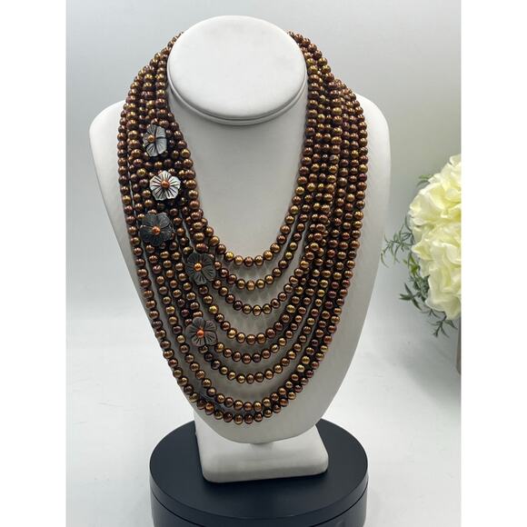 MultiStrand  Chocolate Pearls‎ Brown Copper-colored pearls Pearl Bib necklace - Picture 14 of 14